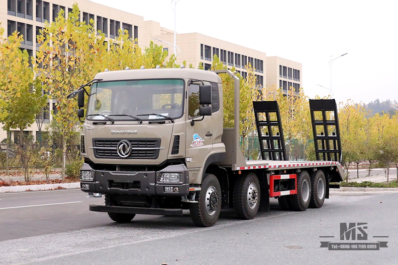 Dongfeng လေးဆေ့ပြားတူးထရပ်ကား_8*4 အမြီးတောင်တက်သမား 7m6 အပြားလိုက်ထရပ်ကား_ပို့ရန် အထူးထောက်ပံ့ပို့ဆောင်ရေးသိုလှောင်ကွန်တိန်နာထရပ်ကားများ