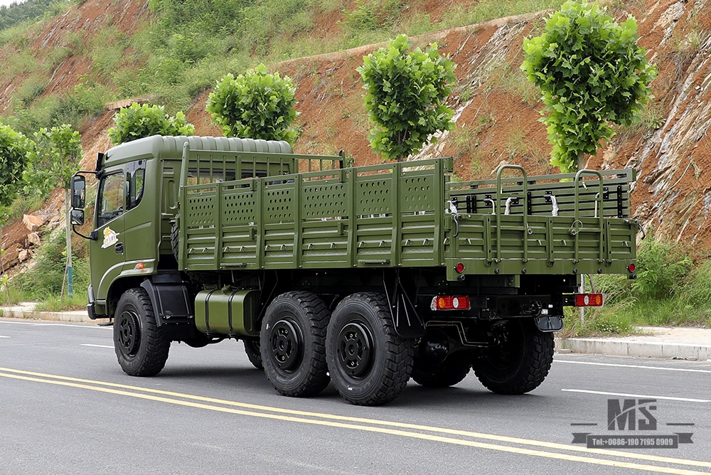 210 hp Dongfeng ခြောက်ဘီးယက်ကုန်တင်ထရပ်ရောင်းရန်_6*6 တပ်မတော်အစိမ်းရောင် Flathead ဦးခေါင်းသယ်ယူပို့ဆောင်ရေးထရပ်ထုတ်လုပ်သူ_Dongfeng 6WD ပို့ကုန်အထူးယာဉ်စက်ရုံ