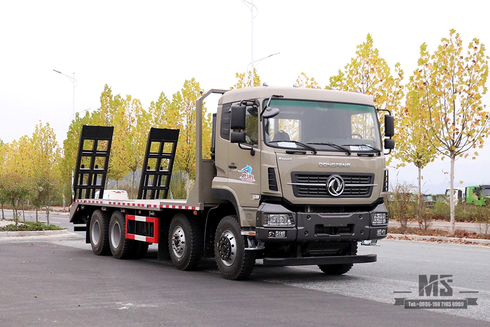 Dongfeng လေးဆေ့ပြားတူးထရပ်ကား_8*4 အမြီးတောင်တက်သမား 7m6 အပြားလိုက်ထရပ်ကား_ပို့ရန် အထူးထောက်ပံ့ပို့ဆောင်ရေးသိုလှောင်ကွန်တိန်နာထရပ်ကားများ